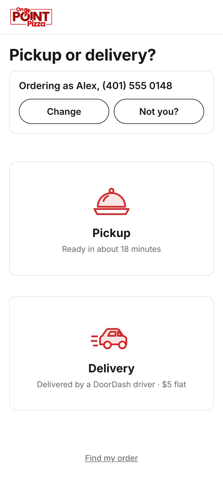 On Point's order page: pickup, or delivery by a DoorDash driver for five dollars flat